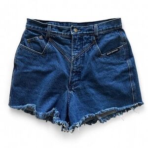 90s Vintage Rocky Mountain Deep Blue Wash Denim Frayed Hem Jean Shorts